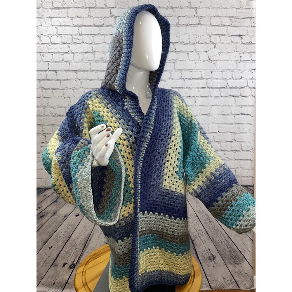 Handmade Crochet Hexagon Cardigan Hooded Blue Teal Granny Square Oversized Boho